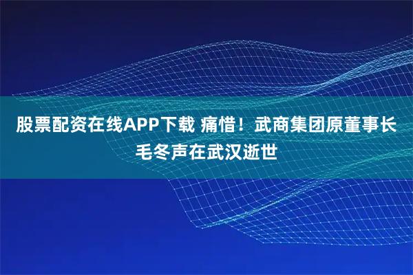 股票配資在線APP下載 痛惜！武商集團原董事長毛冬聲在武漢逝世